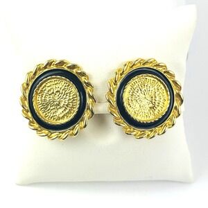Park Lane Round Black & Gold Clip on Earrings Nautical Gold Rope Vintage Signed